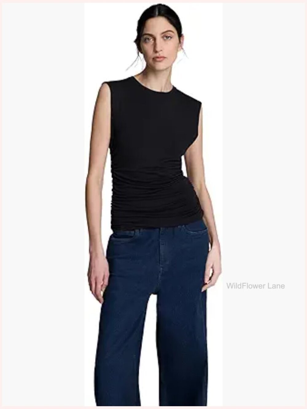 Sleeveless Side Rouched Knit Top - Fitted Crew Neck Tank